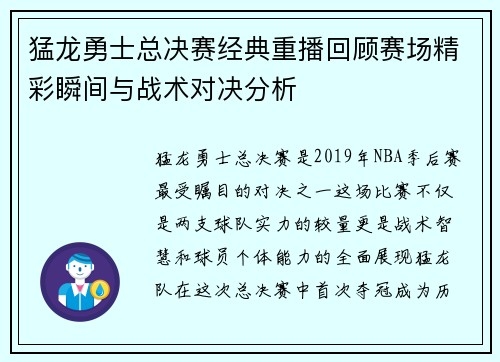 猛龙勇士总决赛经典重播回顾赛场精彩瞬间与战术对决分析